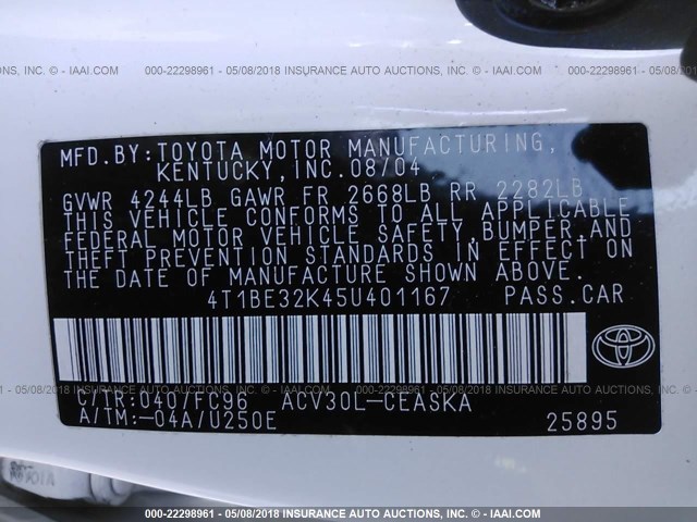 4T1BE32K45U401167 - 2005 TOYOTA CAMRY LE/XLE/SE 白色 照片 9