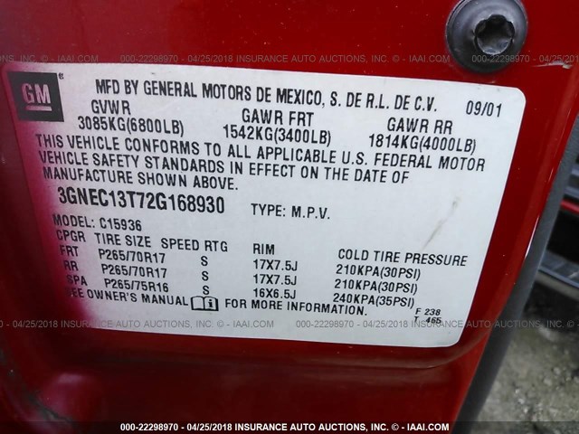 3GNEC13T72G168930 - 2002 CHEVROLET AVALANCHE C1500 RED photo 9