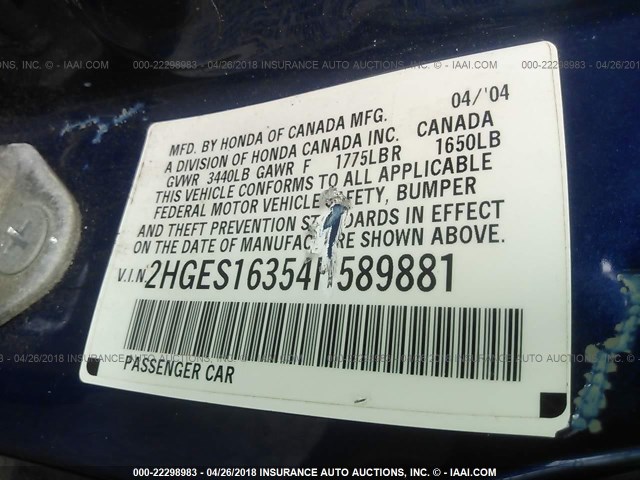 2HGES16354H589881 - 2004 HONDA CIVIC DX VP BLUE photo 9