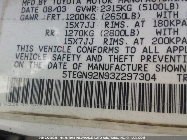 5TEGN92N93Z297304 - 2003 TOYOTA TACOMA DOUBLE CAB PRERUNNER WHITE photo 9