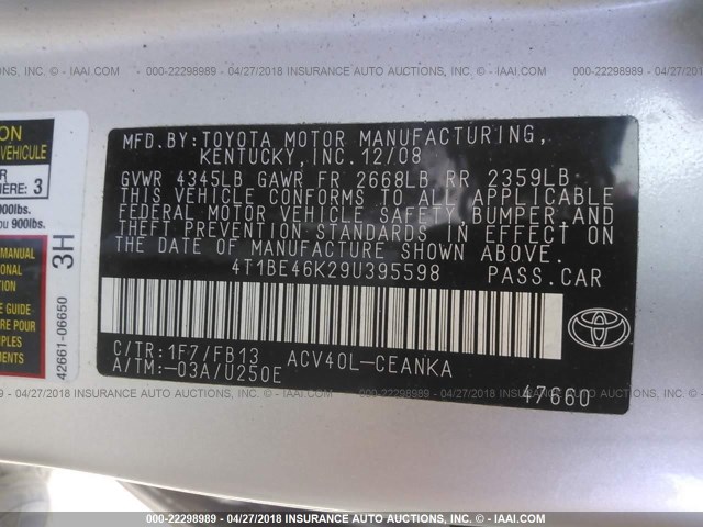 4T1BE46K29U395598 - 2009 TOYOTA CAMRY SE/LE/XLE SILVER photo 9