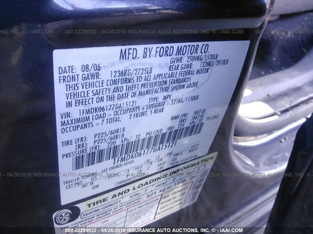 1FMDK06177GA15121 - 2007 FORD FREESTYLE LIMITED GRAY photo 9