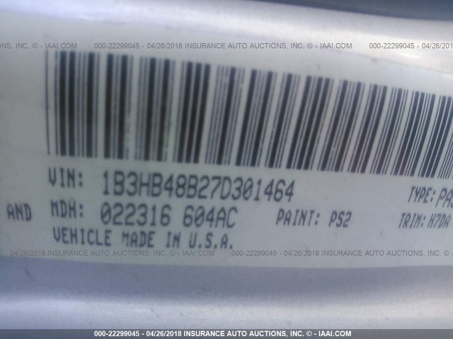 1B3HB48B27D301464 - 2007 DODGE CALIBER SXT SILVER photo 9