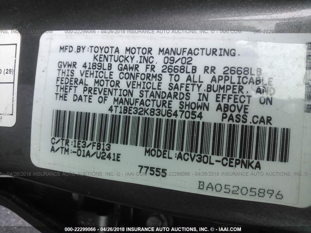 4T1BE32K83U647054 - 2003 TOYOTA CAMRY LE/XLE/SE 灰色 照片 9