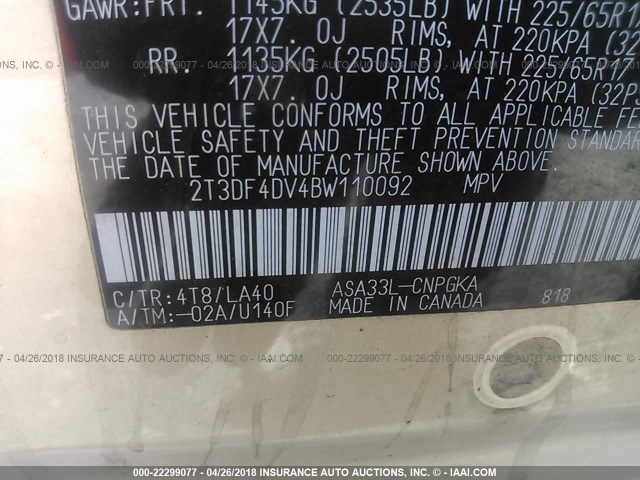 2T3DF4DV4BW110092 - 2011 TOYOTA RAV4 LIMITED Qızıl foto 9