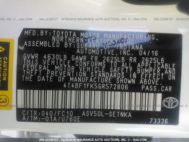4T4BF1FK5GR572806 - 2016 TOYOTA CAMRY LE/XLE/SE/XSE WHITE photo 9