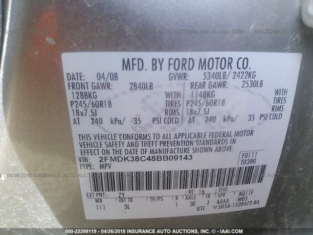 2FMDK38C48BB09143 - 2008 FORD EDGE SEL SILVER photo 9