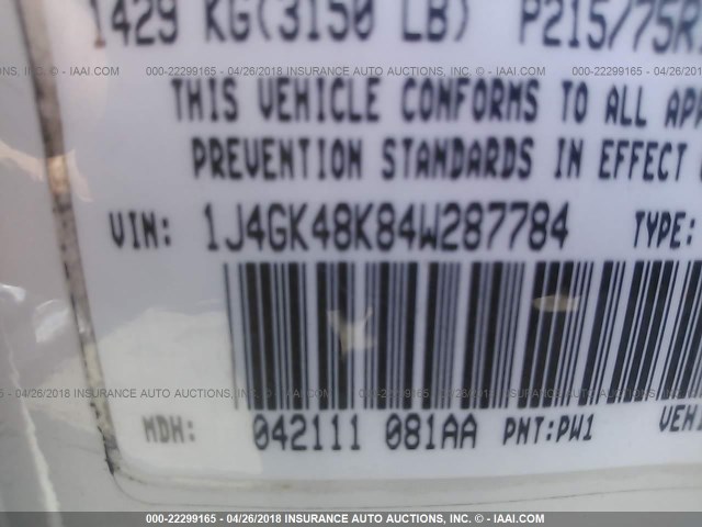 1J4GK48K84W287784 - 2004 JEEP LIBERTY SPORT 白色 照片 9