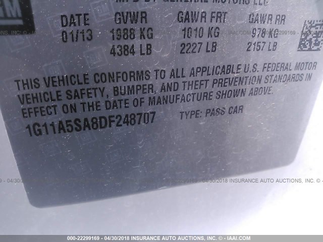 1G11A5SA8DF248707 - 2013 CHEVROLET MALIBU LS 白色 照片 9