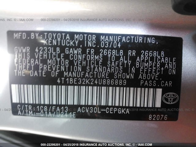 4T1BE32K24U886889 - 2004 TOYOTA CAMRY LE/XLE/SE ვერცხლისფერი ფოტო 9