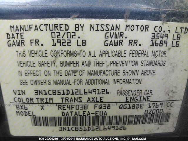 3N1CB51D12L649126 - 2002 NISSAN SENTRA XE/GXE BLUE photo 9