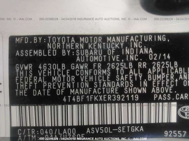 4T4BF1FKXER392119 - 2014 TOYOTA CAMRY L/SE/LE/XLE 白色 照片 9