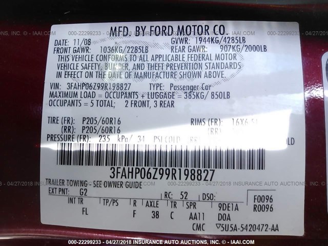 3FAHP06Z99R198827 - 2009 FORD FUSION S RED photo 8
