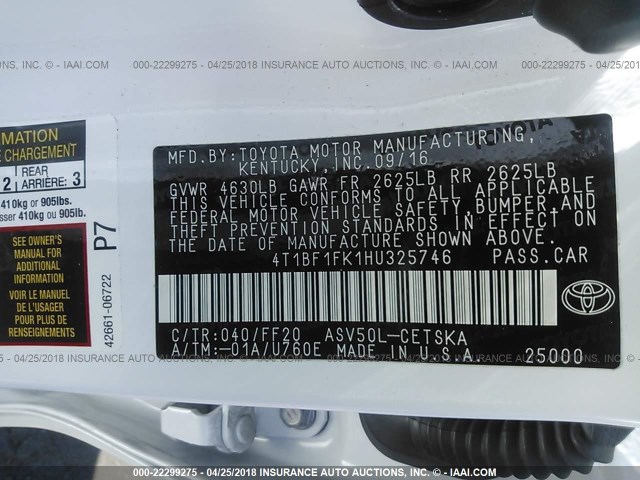 4T1BF1FK1HU325746 - 2017 TOYOTA CAMRY LE/XLE/SE/XSE WHITE photo 9