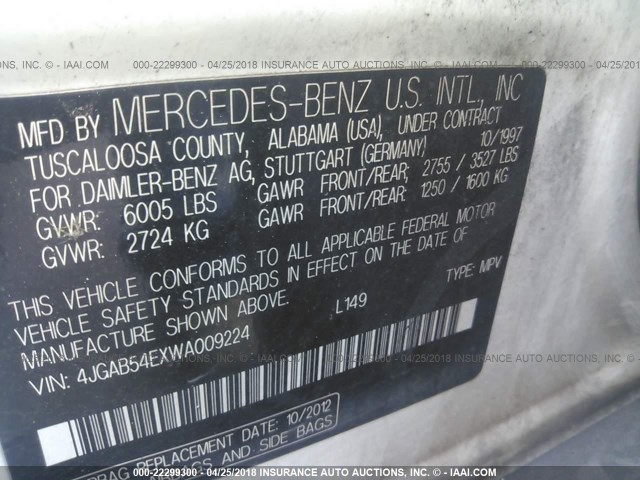 4JGAB54EXWA009224 - 1998 MERCEDES-BENZ ML 320 WHITE photo 9