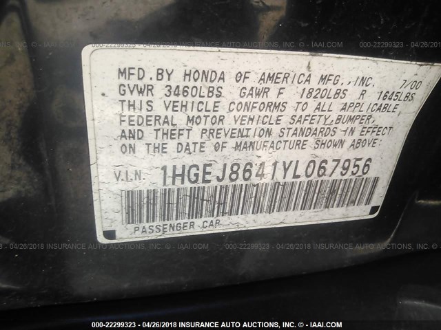 1HGEJ8641YL067956 - 2000 HONDA CIVIC EX BLACK photo 9