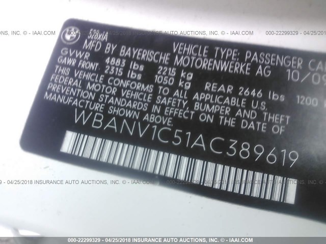 WBANV1C51AC389619 - 2010 BMW 528 XI WHITE photo 9