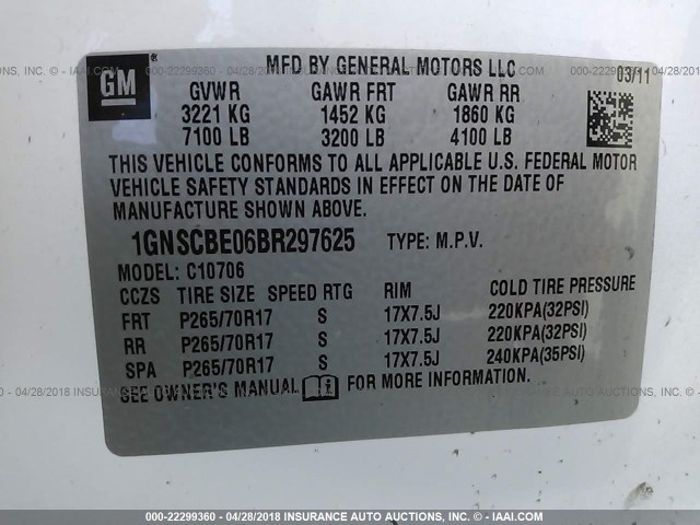 1GNSCBE06BR297625 - 2011 CHEVROLET TAHOE C1500 LT WHITE photo 9