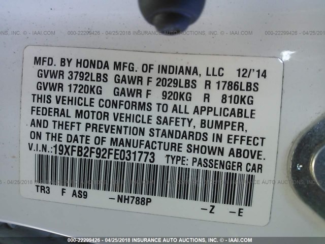 19XFB2F92FE031773 - 2015 HONDA CIVIC EXL WHITE photo 9