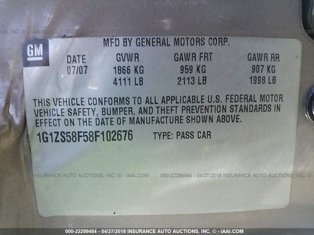 1G1ZS58F58F102676 - 2008 CHEVROLET MALIBU LS 棕色 照片 9