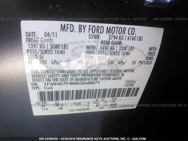 1FMHK7F86BGA48871 - 2011 FORD EXPLORER LIMITED SILVER photo 9