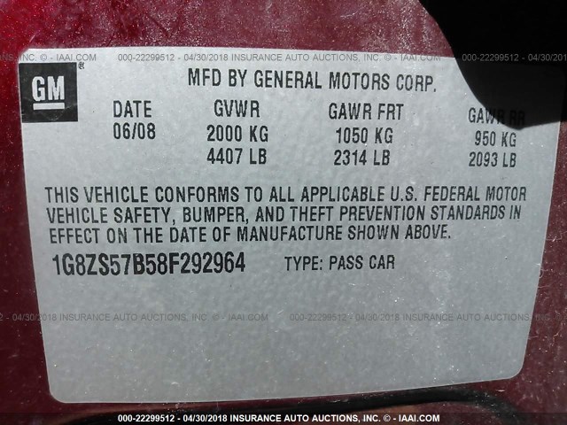 1G8ZS57B58F292964 - 2008 SATURN AURA XE MAROON photo 9