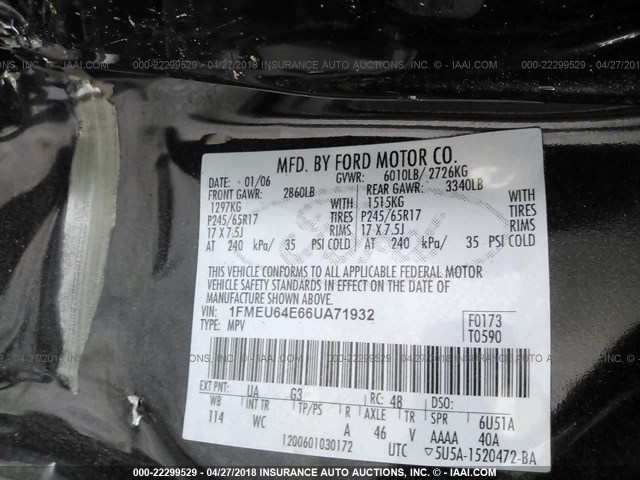 1FMEU64E66UA71932 - 2006 FORD EXPLORER EDDIE BAUER BLACK photo 9