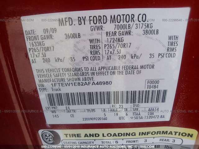 1FTEW1E82AFA48980 - 2010 FORD F150 SUPERCREW RED photo 9