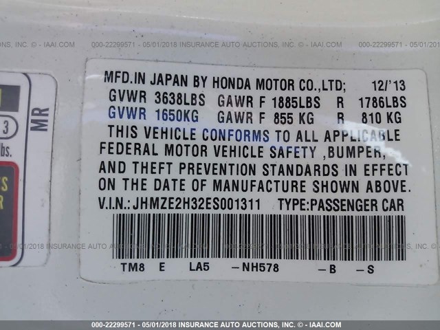 JHMZE2H32ES001311 - 2014 HONDA INSIGHT WHITE photo 9