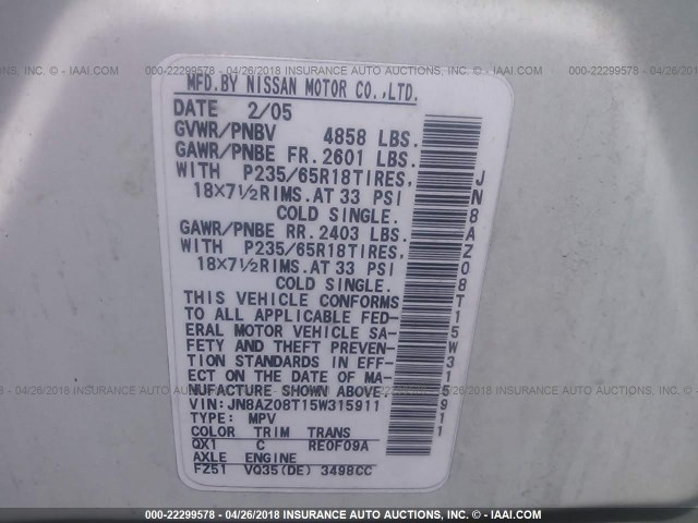 JN8AZ08T15W315911 - 2005 NISSAN MURANO SL/SE/S WHITE photo 9