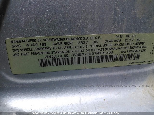 3VWEG71K37M191301 - 2007 VOLKSWAGEN JETTA WOLFSBURG 银色 照片 9