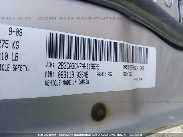 2B3CA3CV7AH119875 - 2010 DODGE CHARGER SXT SILVER photo 9