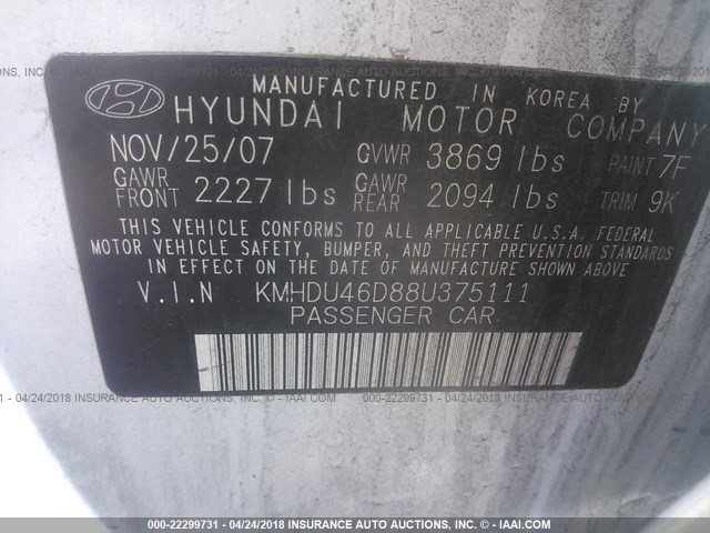 KMHDU46D88U375111 - 2008 HYUNDAI ELANTRA GLS/SE/LIMITED WHITE photo 9