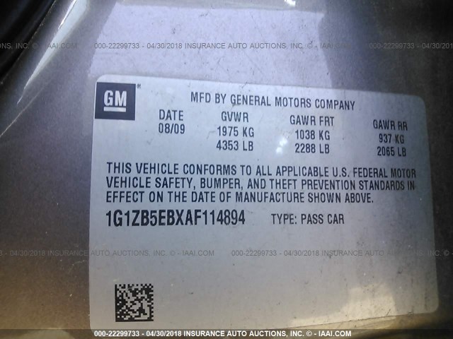 1G1ZB5EBXAF114894 - 2010 CHEVROLET MALIBU LS 棕色 照片 9