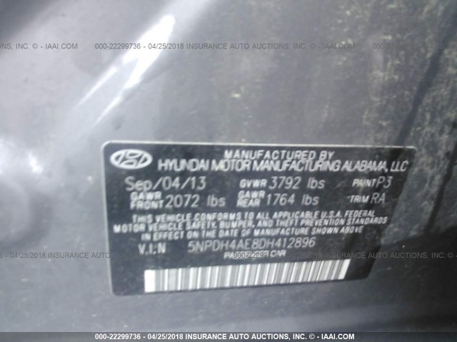 5NPDH4AE8DH412896 - 2013 HYUNDAI ELANTRA GLS/LIMITED GRAY photo 9