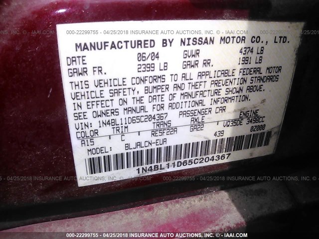 1N4BL11D65C204367 - 2005 NISSAN ALTIMA SE/SL/SE-R RED photo 9