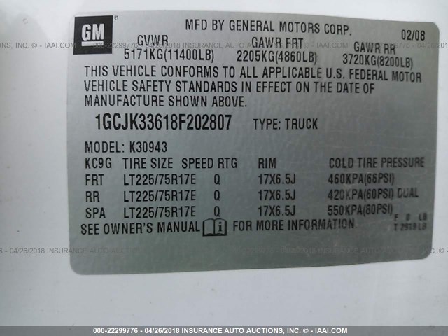 1GCJK33618F202807 - 2008 CHEVROLET SILVERADO K3500 WHITE photo 10