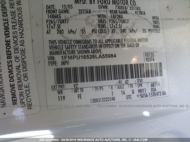 1FMPU16526LA55984 - 2006 FORD EXPEDITION XLT თეთრი ფოტო 9