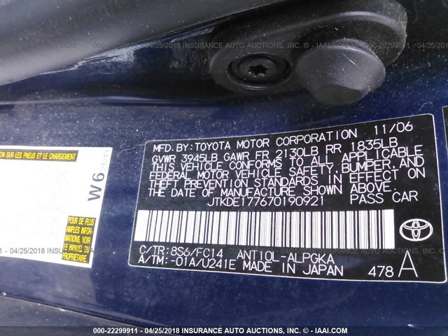 JTKDE177670190921 - 2007 TOYOTA SCION TC 蓝色 照片 9