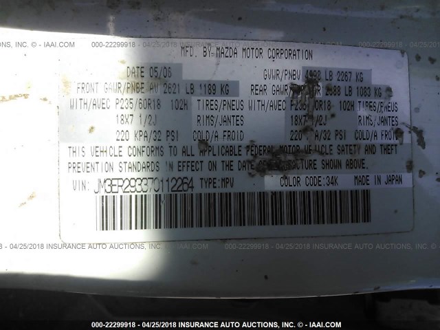 JM3ER293370112264 - 2007 MAZDA CX-7 WHITE photo 9