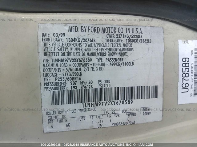 1LNHM97V32Y621908 - 2002 LINCOLN CONTINENTAL  CREAM photo 9