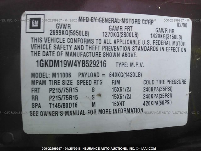 1GKDM19W4YB529216 - 2000 GMC SAFARI XT BURGUNDY photo 9