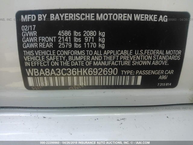 WBA8A3C36HK692690 - 2017 BMW 320 XI WHITE photo 9