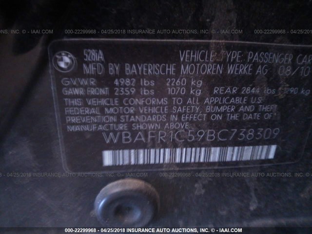 WBAFR1C59BC738309 - 2011 BMW 528 I BLACK photo 9