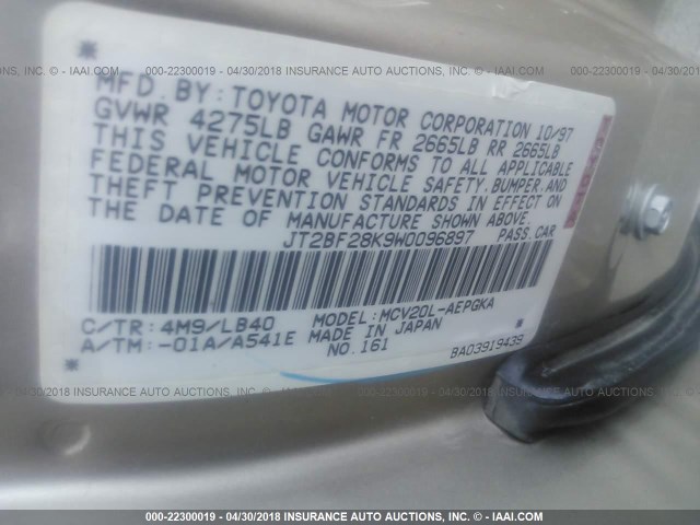 JT2BF28K9W0096897 - 1998 TOYOTA CAMRY LE/XLE GOLD photo 9