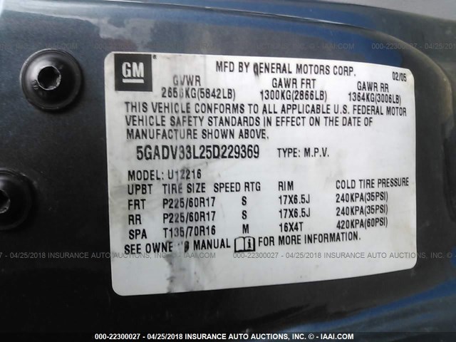 5GADV33L25D229369 - 2005 BUICK TERRAZA CXL BLUE photo 9