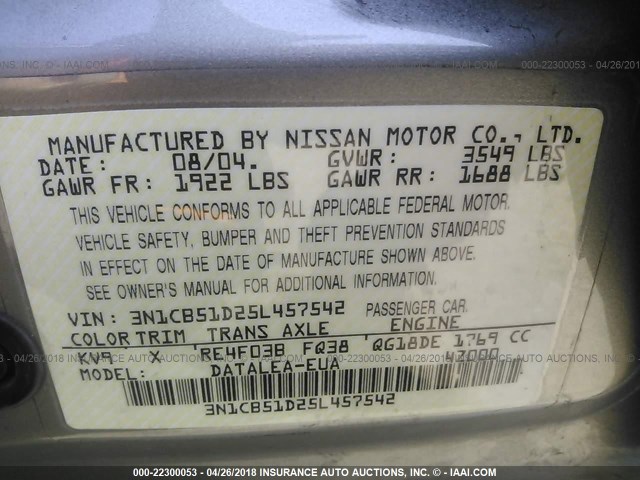 3N1CB51D25L457542 - 2005 NISSAN SENTRA 1.8/1.8S GRAY photo 9