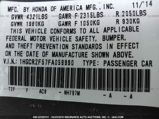 1HGCR2F57FA059990 - 2015 HONDA ACCORD SPORT ნაცრისფერი ფოტო 9