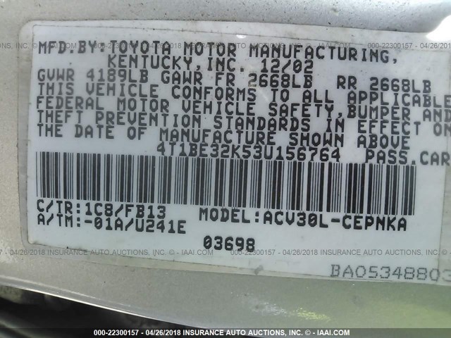 4T1BE32K53U156764 - 2003 TOYOTA CAMRY LE/XLE/SE SILVER photo 9