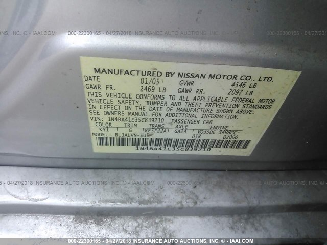 1N4BA41E35C839210 - 2005 NISSAN MAXIMA SE/SL SILVER photo 9